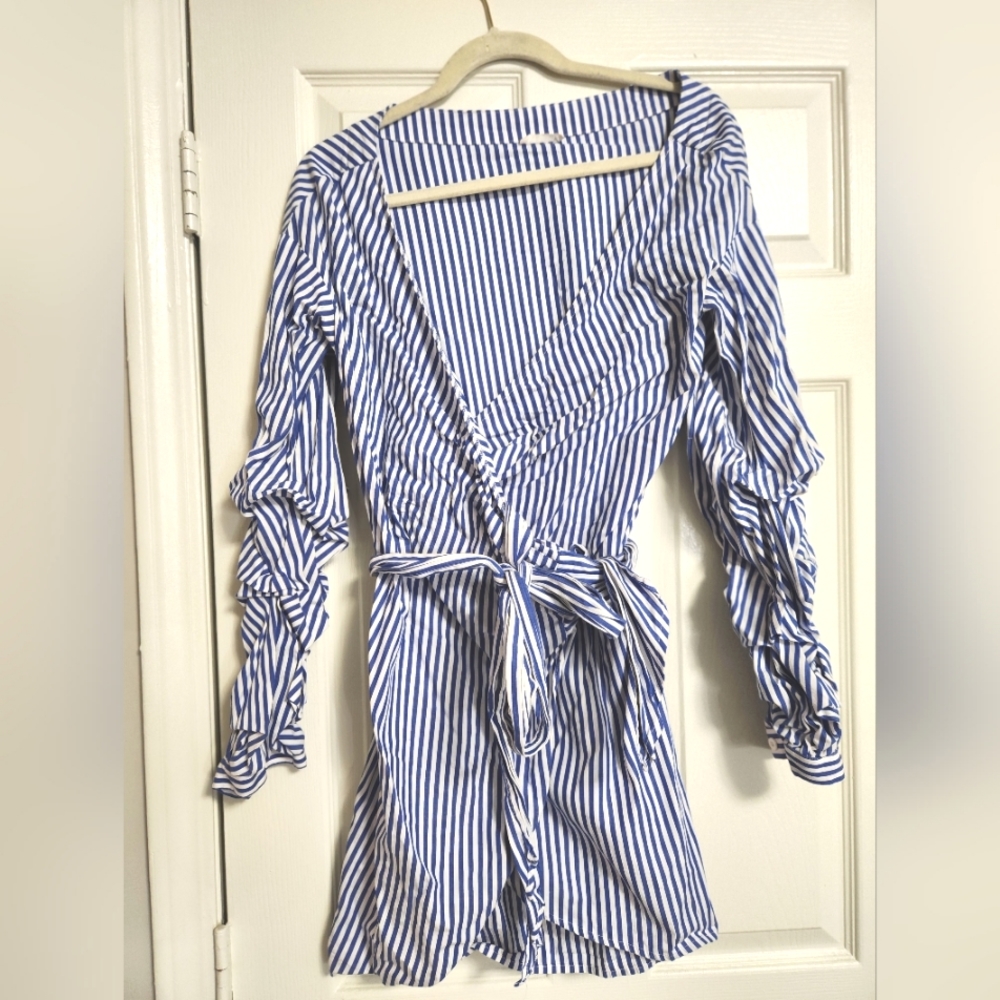Blue and White Striped Wrap Dress